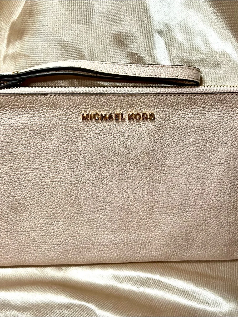 Michael Kors Pebbled Leather Wristlet in Light Taupe with Gold Hardware